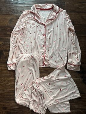 Cherry-Print Light Pink Pajama Set - Button-Up Long Sleeve